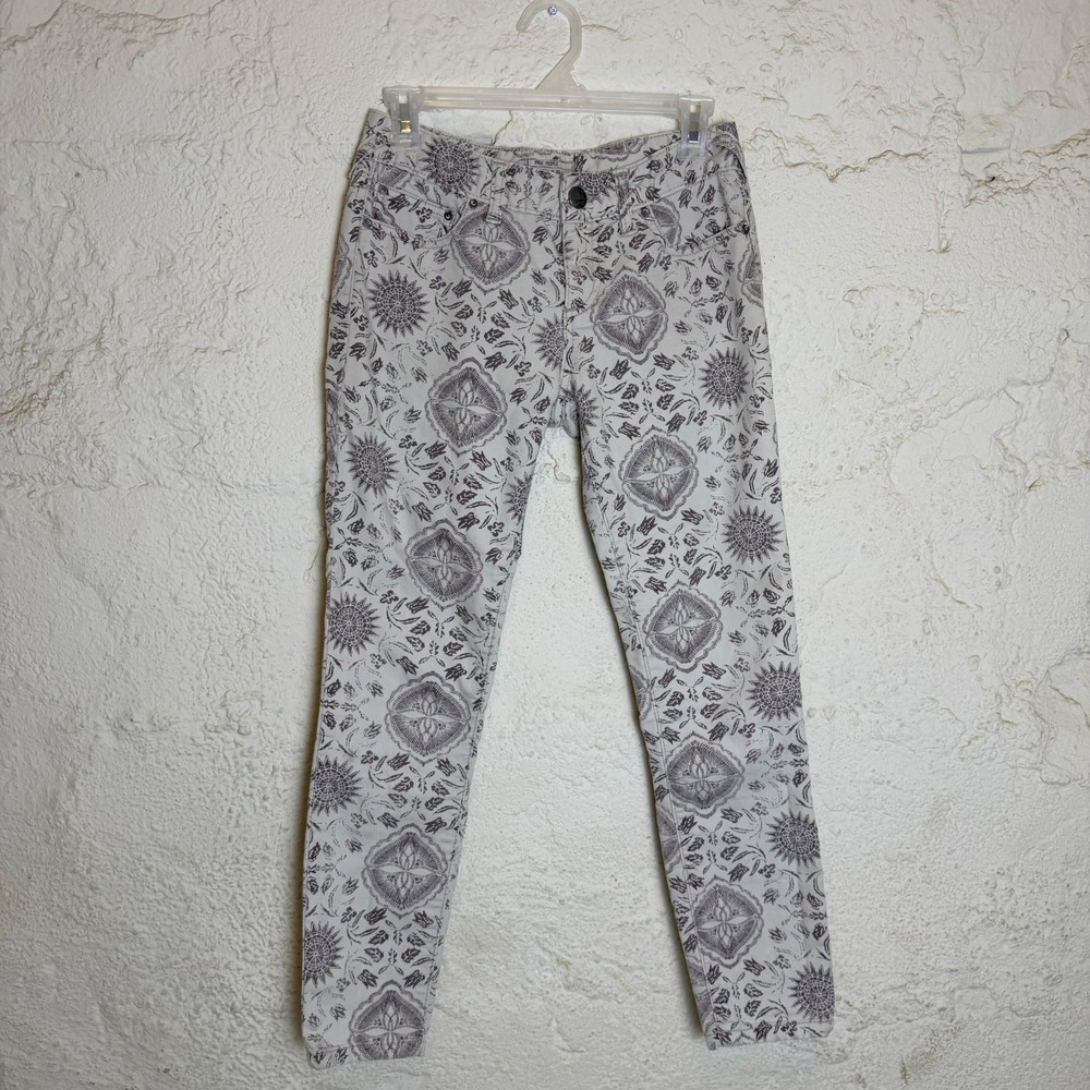 Free People Sundial Low Rise Skinny Jeans 25 Gray Cream Medallion 2010s Boho
